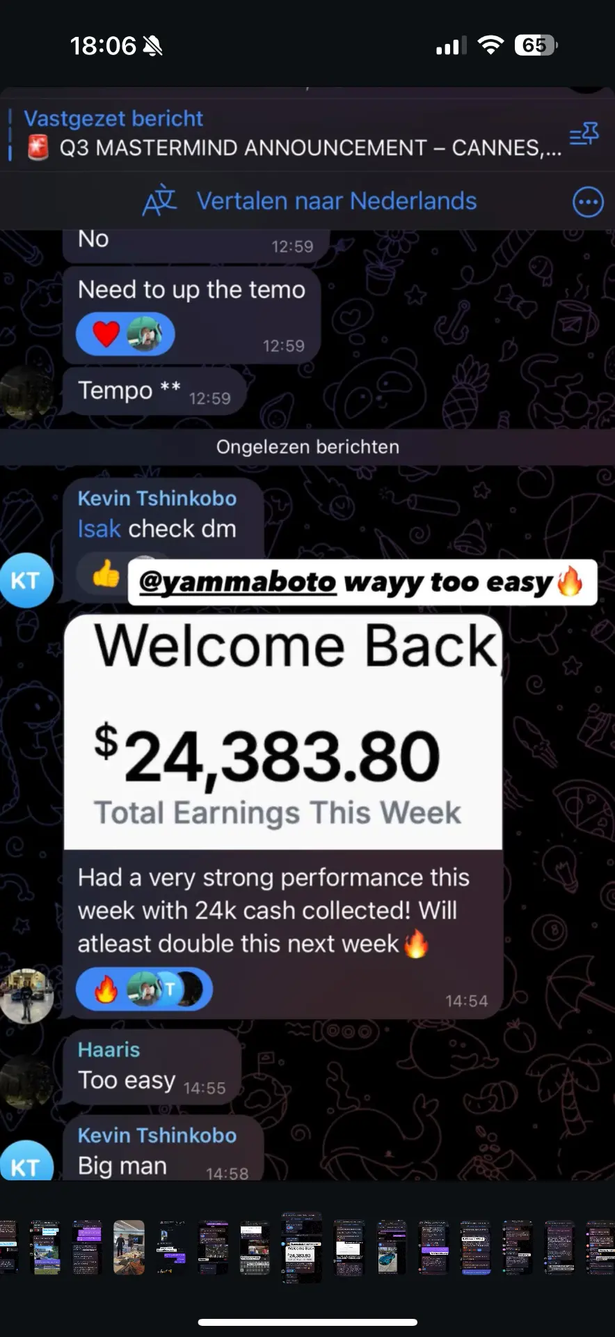 Student result — $24,383 total earnings in one week