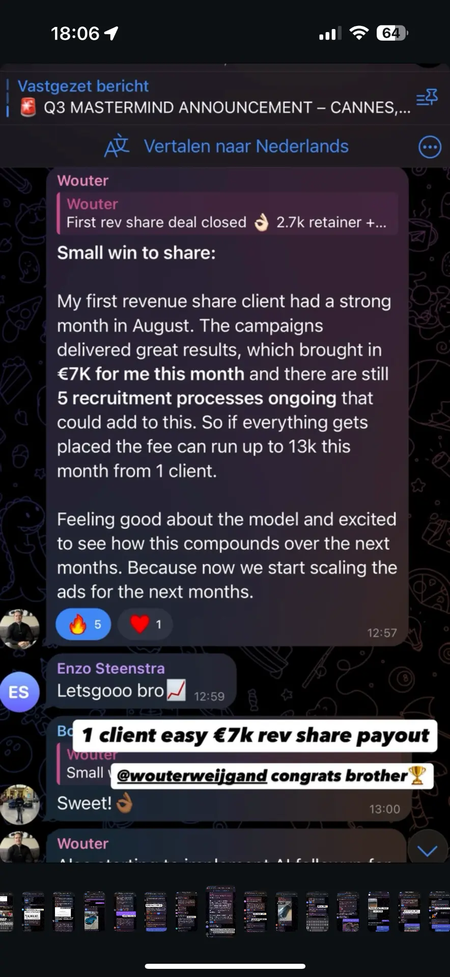 Student result — €7k rev share payout from one client